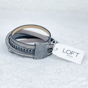 NWT Loft Grey Silver Black Leather Studded Wrap Bracelet Metal Magnetic Closure